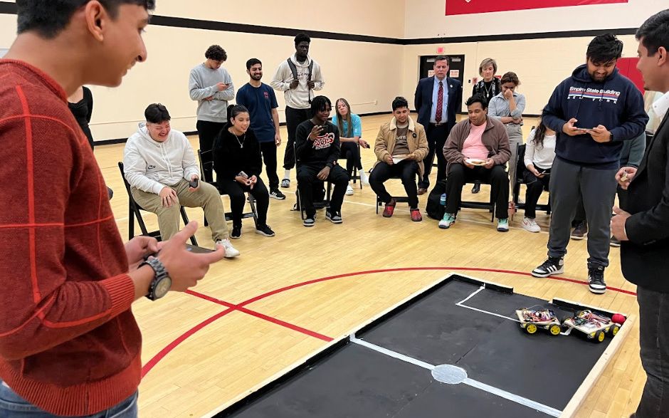 Robot soccer match at the Caldwell Robotics hackathon